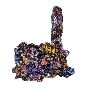 Bershka Flower Crop top ruched one shoulder bandeau XS Black‎